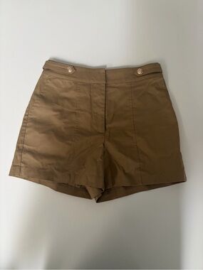 Petite Assembly Skies Are Blue Tan High-Waist Tailored Shorts with Gold Buttons